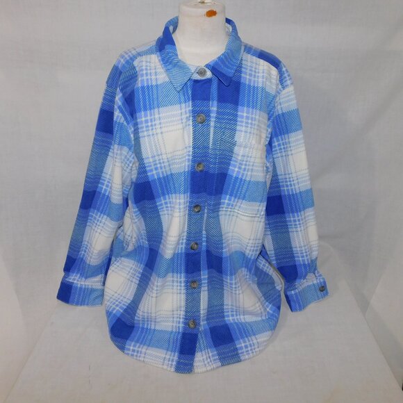 Eddie Bauer Womens 2X Blue White Plaid Chutes Fleece Shirt Jacket Shacket - Picture 1 of 12